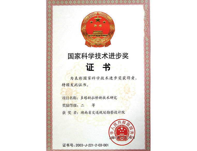 國家科學(xué)技術(shù)進(jìn)步獎(jiǎng) 二等獎(jiǎng)多塔斜拉橋新技術(shù)研究